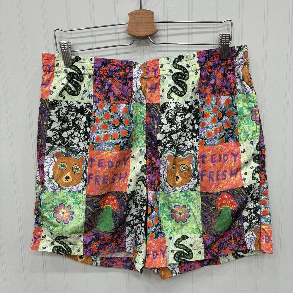 Teddy Fresh x Myfawnwy Men's Large Colorful Patchwork 5" Inseam Shorts Logo
